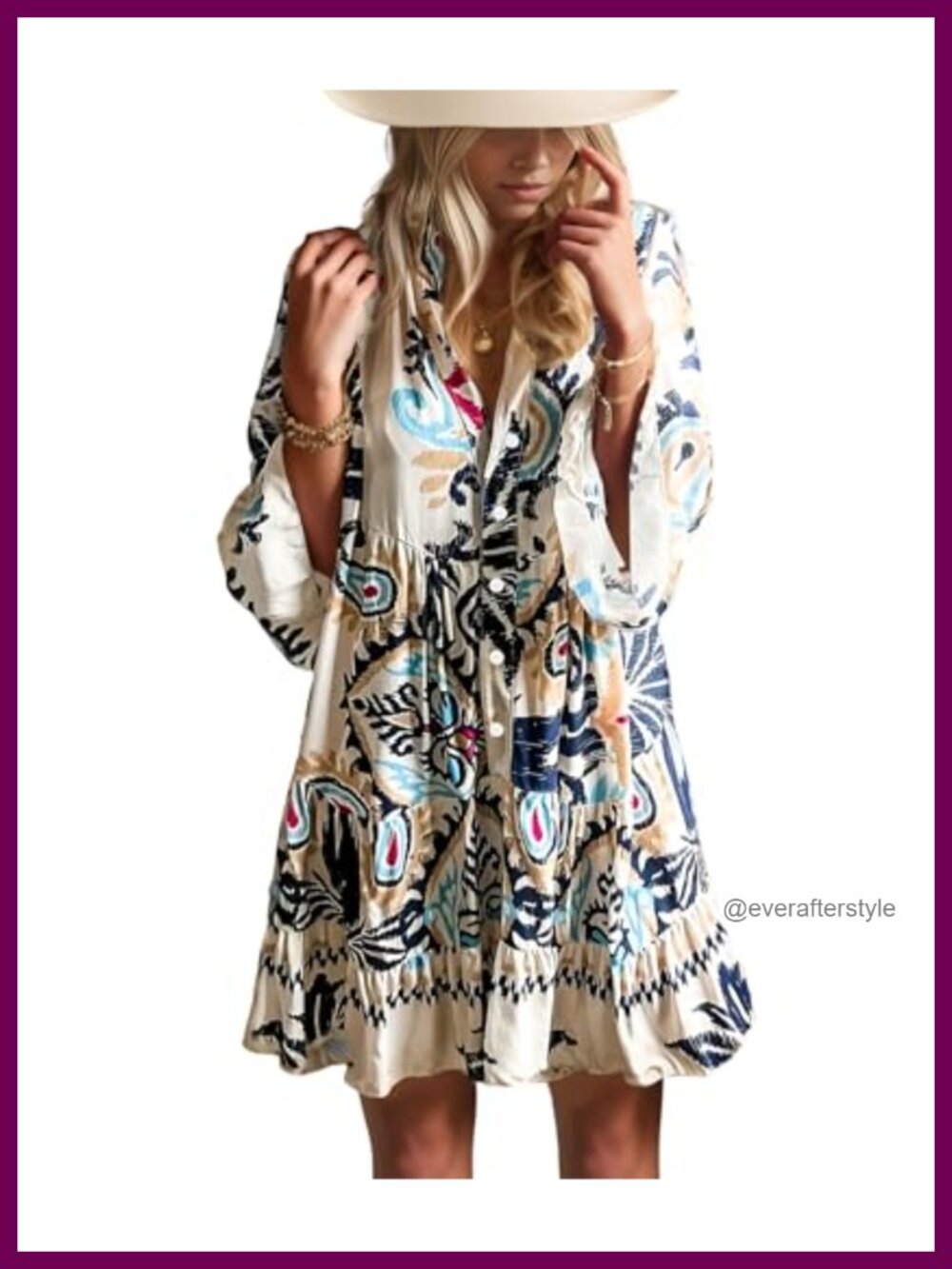 Flowy Ruffle 3/4 Bell Sleeve V Neck Tiered Boho Floral Mini Dress